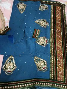 Embroidered Teal Saree with Blouse Piece