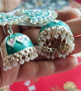 Green Jhumka Earrings with Pearls