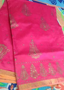Vibrant Pink Silk Saree with Gold Print