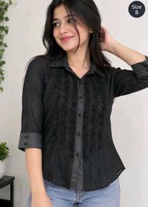 women's Black Embroidered Button-Up Shirt