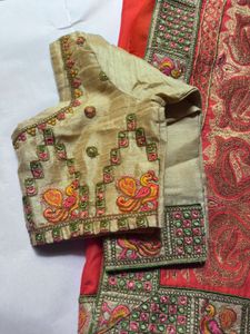 Elegant Coral Embroidered Silk Saree