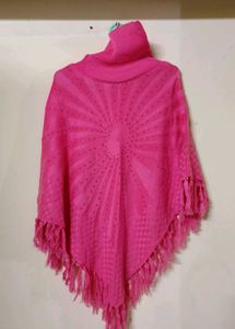Chic Pink Fringed Poncho Sweater