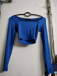 Blue Square Neck Long Sleeve Cropped Top