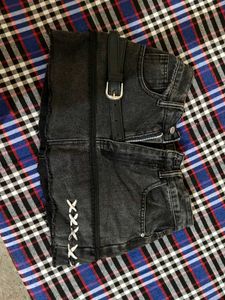 Dark Wash Pleated Denim Mini Skirt