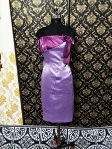 Strapless Purple Satin Dress with Bow Detail