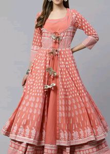 Pink Printed Cotton Anarkali With Jacket