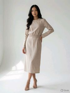Elegant Beige Long Sleeve Midi Dress