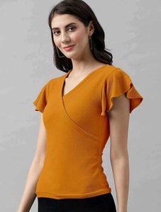 Chic Mustard Yellow Flutter Sleeve Top