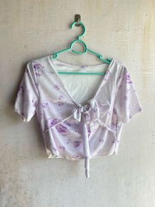 Lavender Floral Tie-Front Crop Top