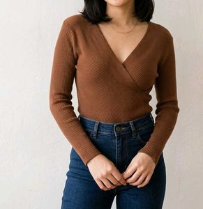 Brown Ribbed V-Neck Wrap Top