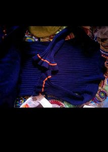 Navy Blue Ribbed Dress with Orange Trim