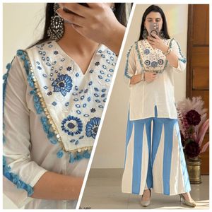 Stylish Blue & White Embroidered Kurta Set