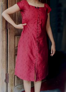 Dark Red Printed Kurti with Front Button Detail
