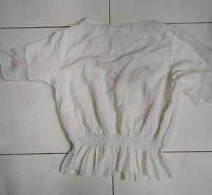 Embroidered Peplum Top with Ruffle Sleeves