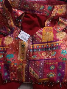 Red plazzo with stone work multi colour top
