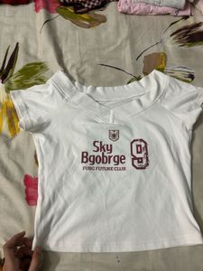 White Graphic Print V-Neck Top