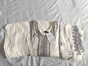 White Embroidered Kurti Pant Dupatta Suit Set