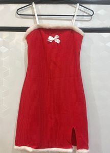Red Christmas Themed Mini Dress with Fur Trim