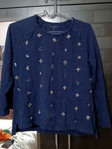 Embellished Blue Long Sleeve Top