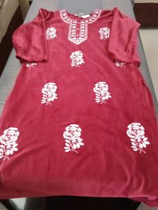 Embroidered Maroon Velvet Kurta set