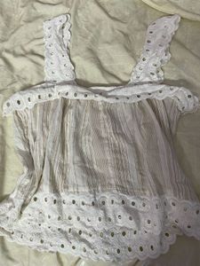 White Eyelet Trim Striped Tank Top
