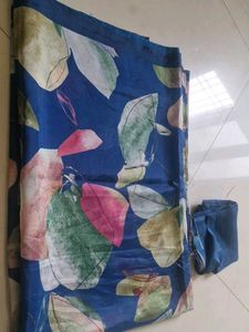 Navy blue floral printed saree with blouse piece