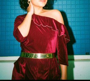 Velvet One-Shoulder Ruffle Jumpsuit Dress