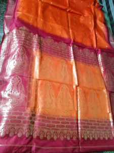 Orange &amp; Pink Silk Saree with Gold Accents