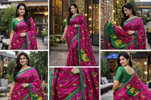 Elegant Pink Printed Saree with Green Border