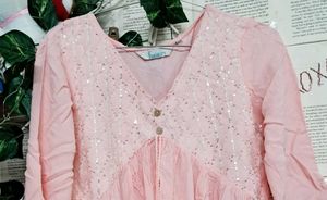 Pink Embroidered V-Neck Tunic Kurta