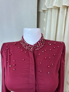 Beaded Collar Long Sleeve Top