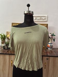 Cute Olive Green Off-Shoulder Tee