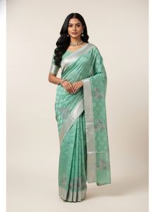 Green Embroidered Saree with attached blouse Piece