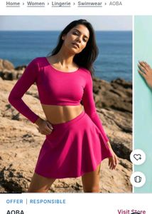 Women Magenta Solid Swim Top with Skirt
