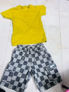 Boys Yellow T-Shirt &amp; Checkered Shorts Set