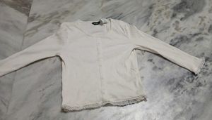 Cream Ribbed Cardigan with Lace Trim