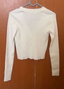 Cream Ribbed Knit Cropped Cardigan