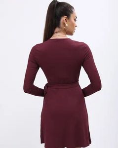 Maroon Ribbed Wrap Dress