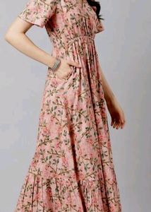 Floral Printed Pink Maxi Dress For Women