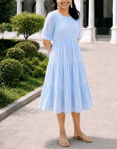 Light Blue Tiered Midi Dress with Inner
