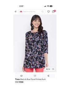 Navy Blue Floral Print short Kurtha/Tunic