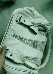 Stylish Cream Leather imported bag