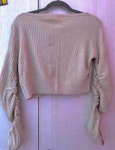 Beige Ribbed Cropped long Sleeve Cardigan