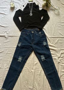 Stylish Cold Shoulder Top & Ripped Jeans Set