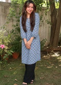 Light Blue Printed Kurta with black jeans