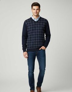 Men's Navy V-Neck Plaid Sweater