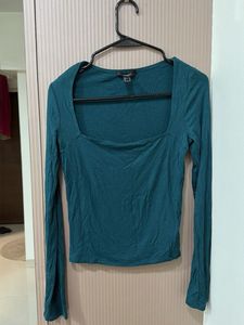 Teal Square Neck Ribbed Long Sleeve Top