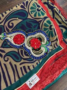 Beige &amp; Red Printed Saree with Embellishment