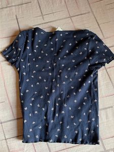 Navy Blue Butterfly Print Button-Up Top
