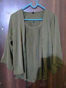 Stylish Olive Green Pleated Top with Shrug